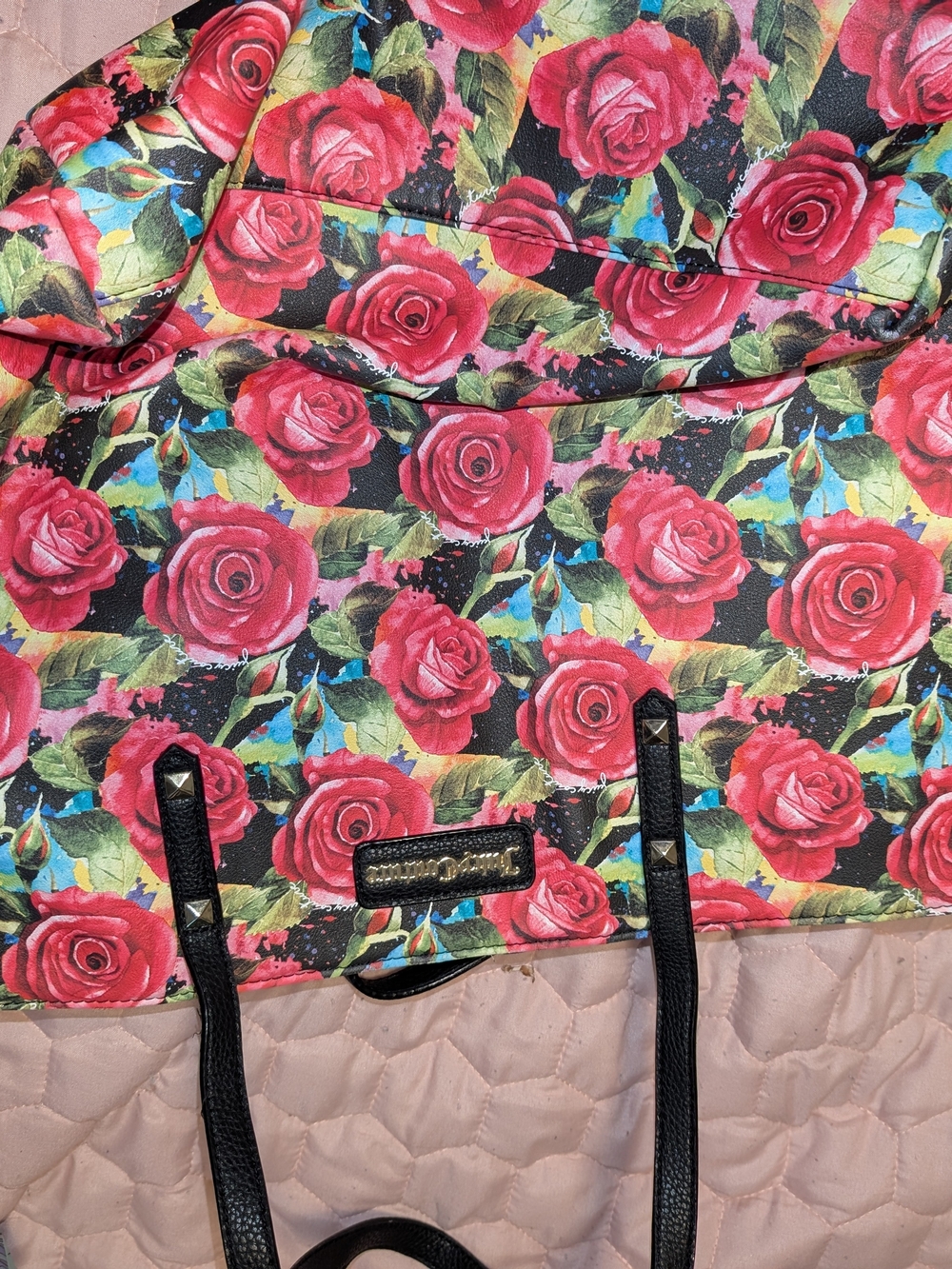 Juicy Couture Floral Rose Print Tote Bag with Black Trim
